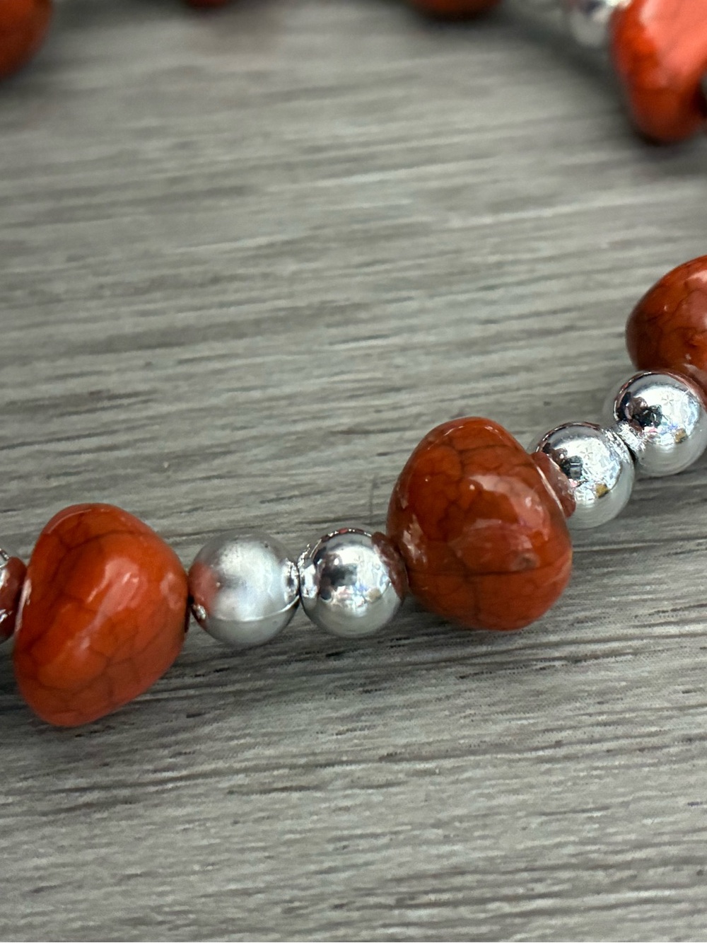 Red Stone Bead Bracelet with Silver Beads